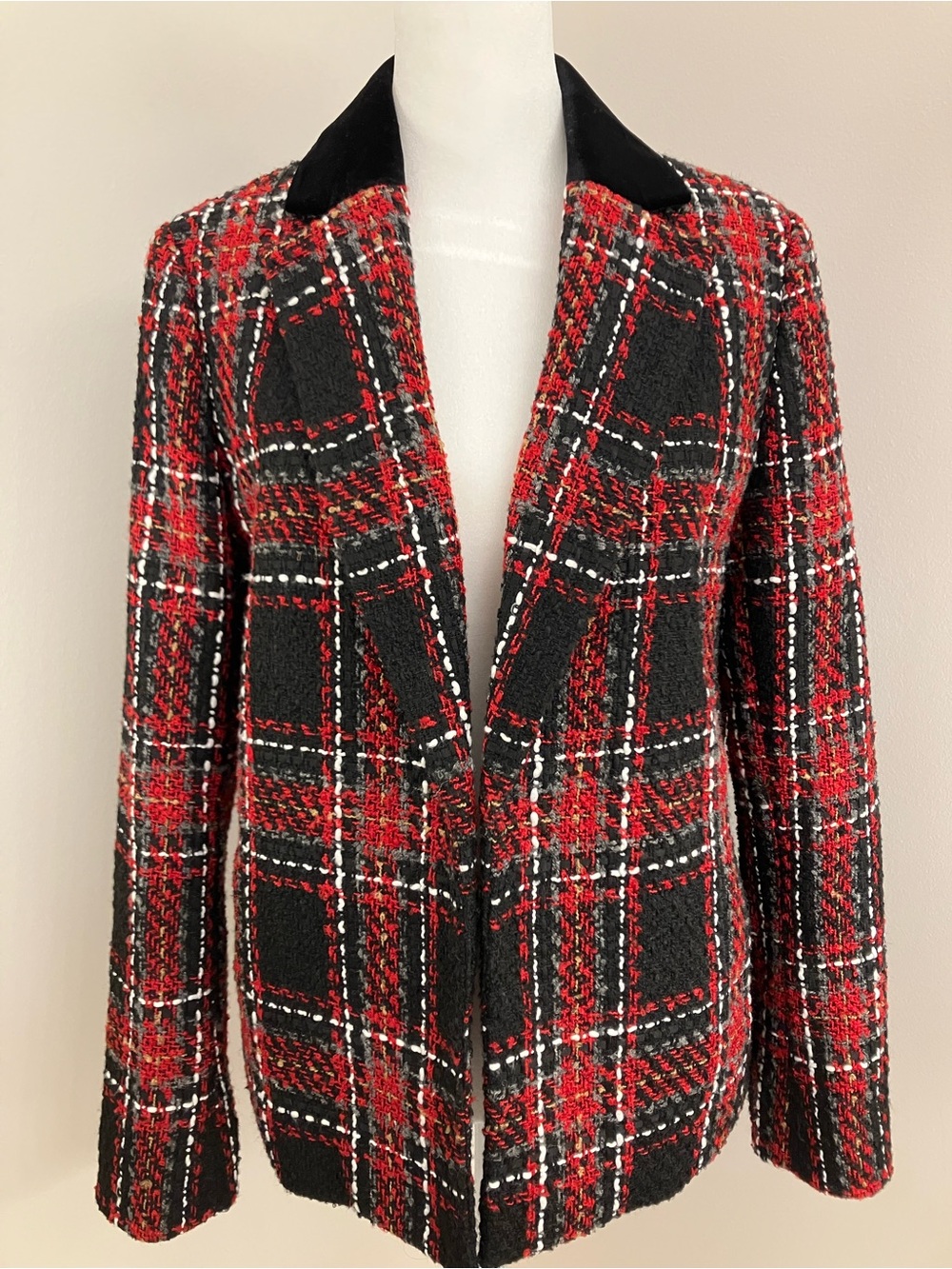 Kasper Red and Black Plaid Tweed Blazer with Velvet Collar